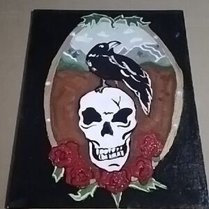 Skull and Raven Art Print with Red Roses